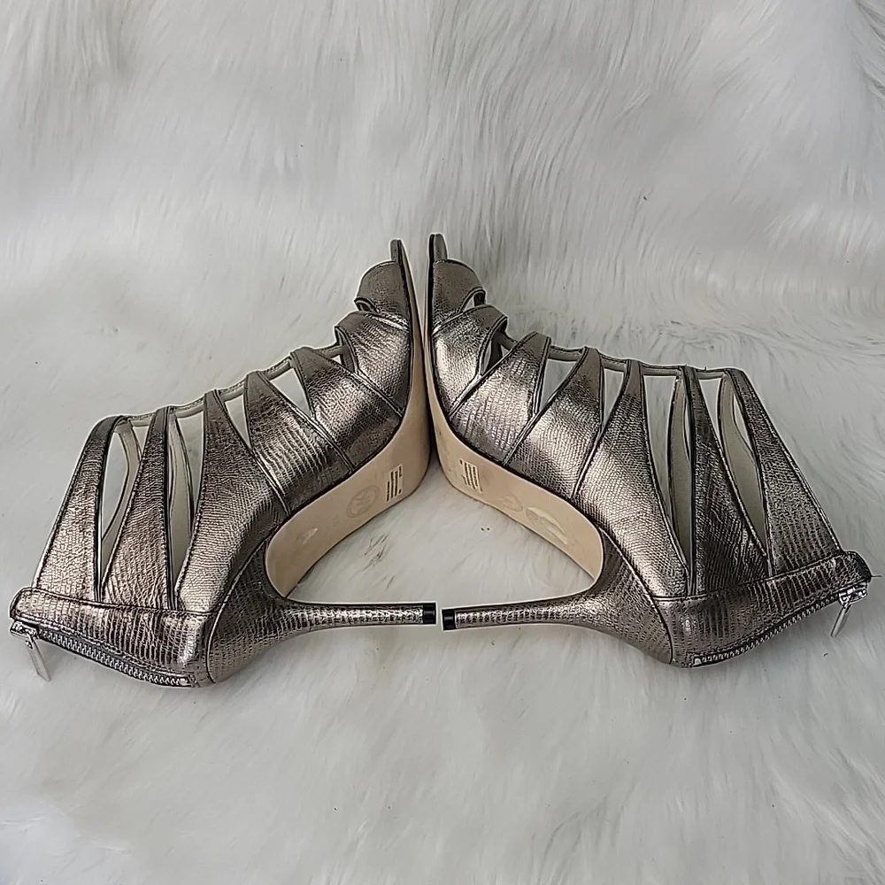 MICHAEL KORS Silver‎ Gold Metallic Party Embossed Open Toe Formal Prom Zip Heels